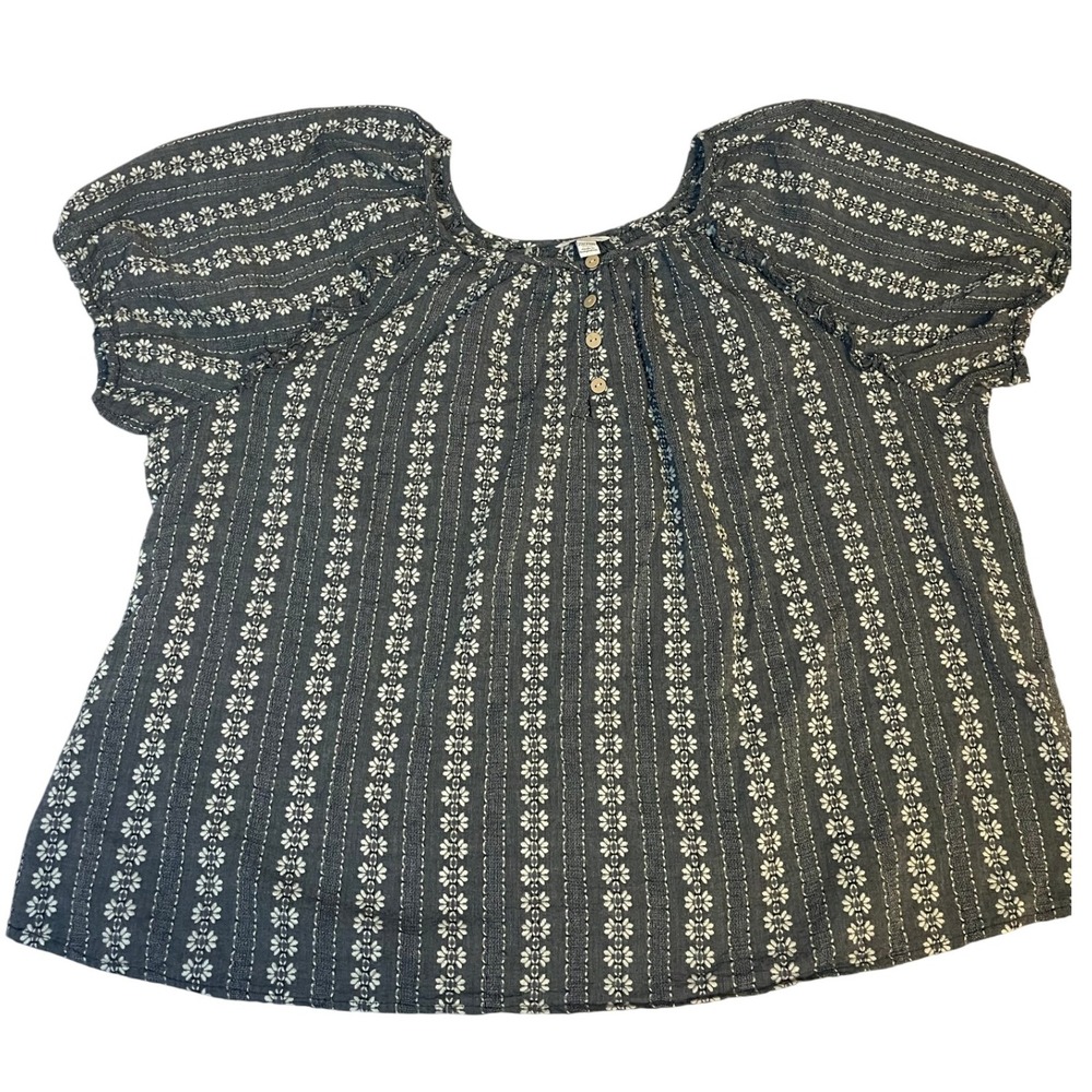 Cato Womens 100% Cotton 22/24W Gray White Floral Stripe Puff Boho Embroidered